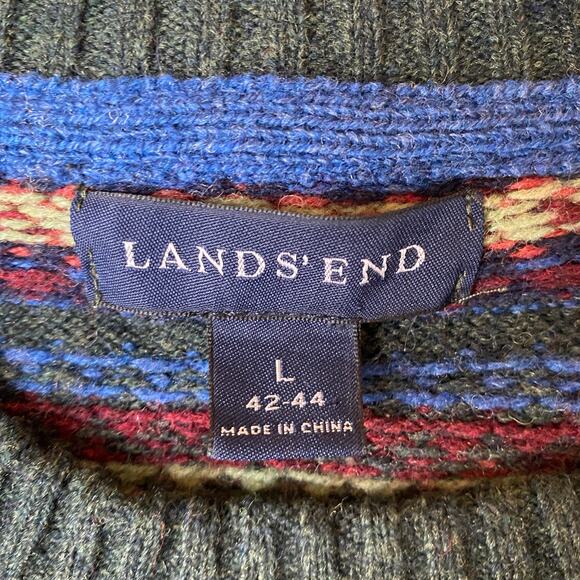 Lands End Lambswool Fair Isle Sweater Men L Green Multicolor 80s Cosby Style - Picture 4 of 9